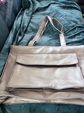 Stylish Metallic Taupe Tote Bag with Front Pocket